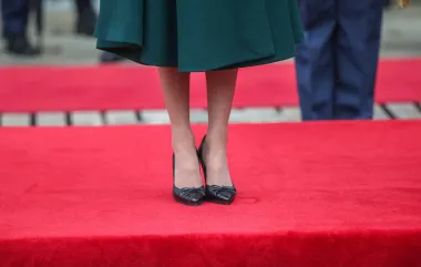 Uz haljinu smaragdne boje kraljica je iskombinarala salonke s mašnicom španjolskog brenda Margit. Radi se o modelu s efektom krokodilske kože, a sjajno se to uklopilo uz crnu torbicu i ogrtač.