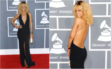 Pjevačica Rihanna je na dodjelu Grammy nagrada 2012. odjenula izazovnu crnu Giorgio Armani haljinu. Osim proreza na nozi i dubokog dekoltea, koji je sezao gotovo do trbuha, haljina je u potpunosti otkrivala njezina leđa i time je jedna od najizazovnijih haljina na ovom popisu.