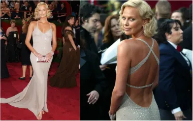 Na dodjeli Oscara 2004. u pomalo neobičnom izdanju s izblajhanim obrvama stigla je glumica Charlize Theron. Nosila je srebrnu Gucci haljinu posutu šljokicama, s otvorenim leđima i prorezom na nozi.