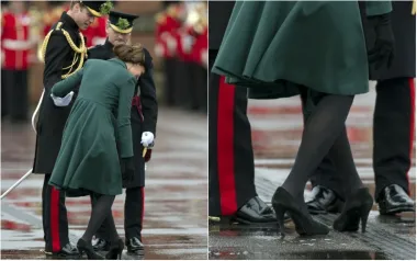 Kada se Kate Middleton udala za princa Williama, ubrzo su i za nju počele kraljevske dužnosti, a jedna od njih bila je i ova na paradi povodom Dana svetog Patrika 2013. godine. Dok je poklanjala djeteline vojnicima 1. bataljuna Irske garde, doživjela ne nezgodu i peta od cipele joj je zapela za rešetku na tlu. Srećom, uz nju je bio suprug koji joj je odmah pomogao.