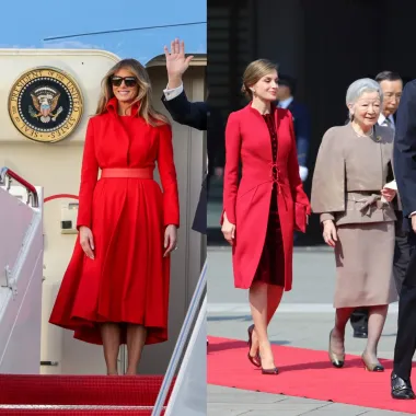 Kraljica Letizia od Španjolske nosila je crveni kaput s naglašenim dizajnom dok je provodila dan s japanskim carom Akihitom i caricom Michiko 2017. godine, a Melania u crvenoj kombinaciji i crvenim modnim dodacima koje je nosila 2017. godine, neodoljivo podsjeća na stil kraljice Letizije. 