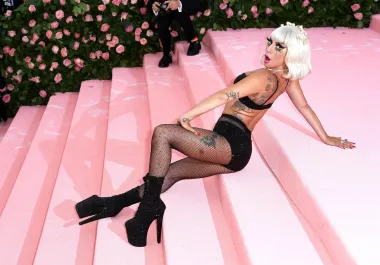 Gaga je stigla na crveni tepih u upadljivom ružičastom plaštu dizajnera Brandona Maxwella, a zatim izvela pravu modnu striptiz točku za fotografe – prvo je otkrila crnu haljinu s volumenom, potom usku haljinu u boji fuksije. Na kraju, ostala je u donjem rublju, mrežastim čarapama i vrtoglavo visokim potpeticama.