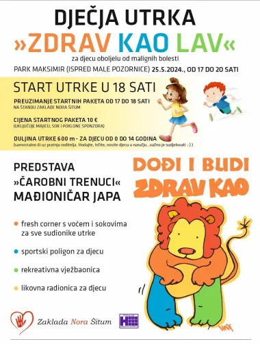 Dječja utrka 'Zdrav kao lav' zaklade Nora Šitum održat će se ove subote u parku Maksimir